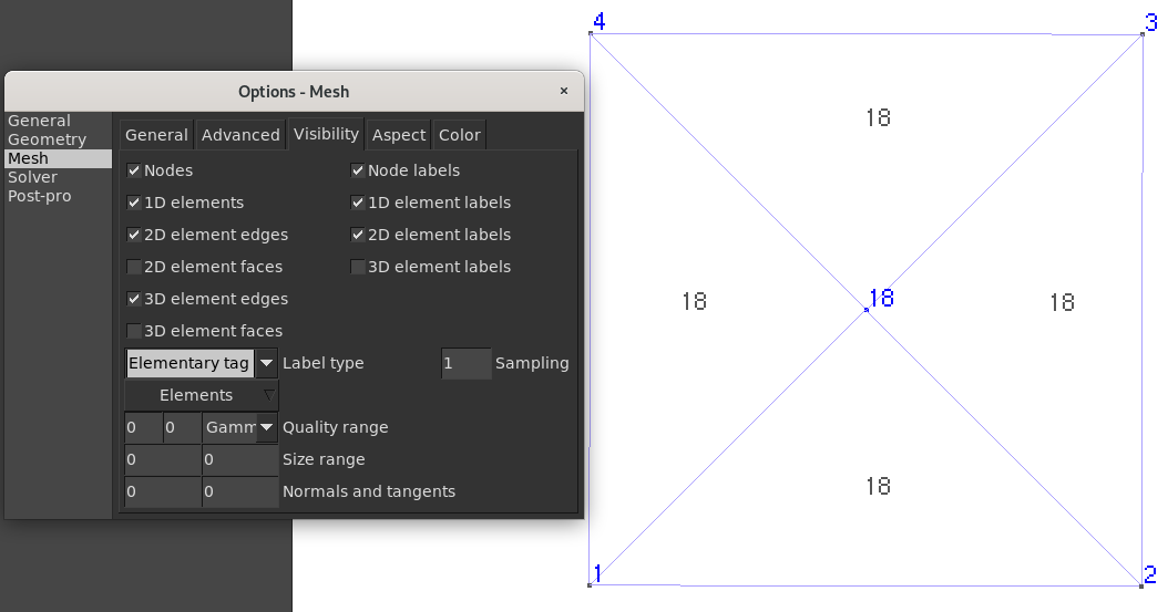 `Tools→Options→Mesh→Visibility` to select which element types are visible. `Elementary` tags are shown on the mesh.